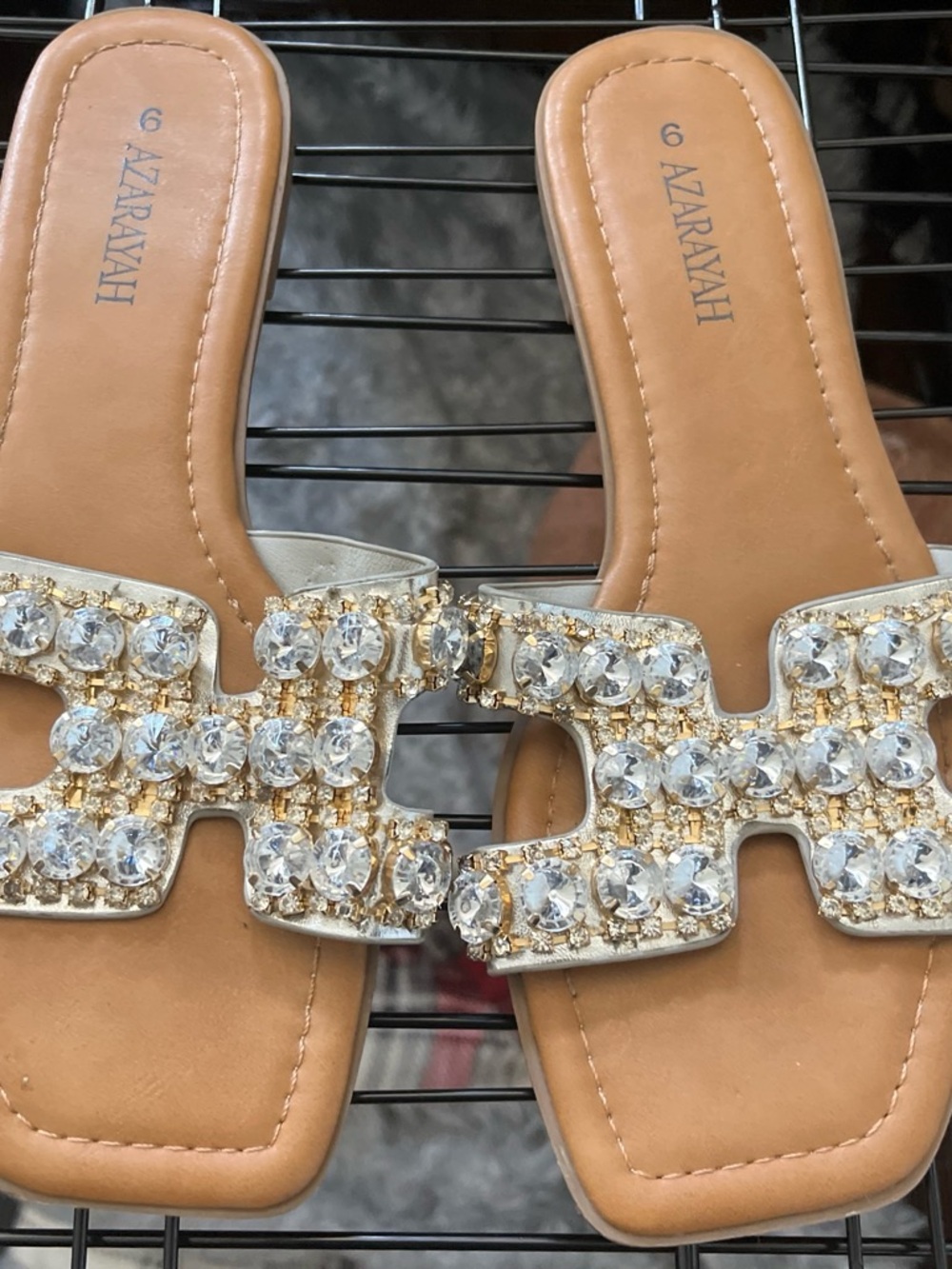 Fashion Nova Crystal Embellished Slide Sandals - Tan & Gold